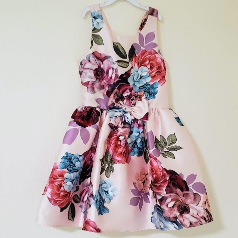 Pink Floral Dress with Bow  - Size 12 Girls